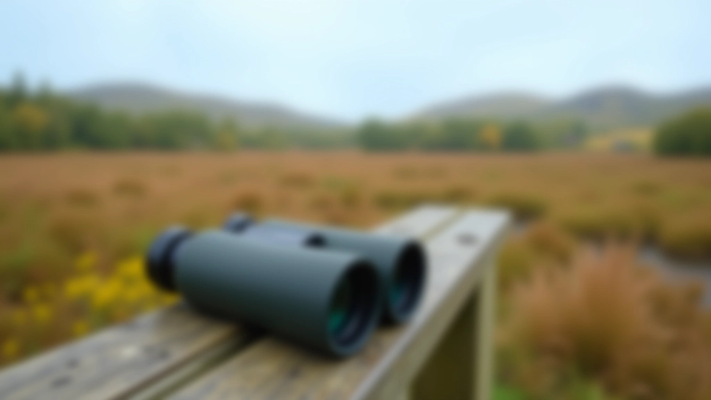 Binoculars resting on a wooden observation deck overlooking wetland marsh area with bird activity