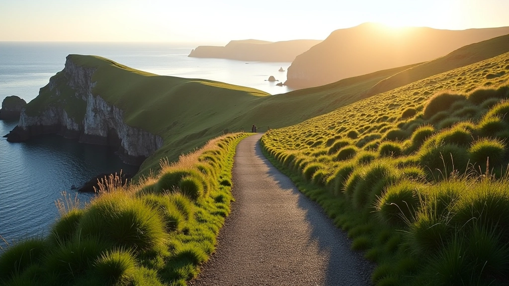 Scenic coastal cliff path in County Clare with rolling green hills and ocean horizon