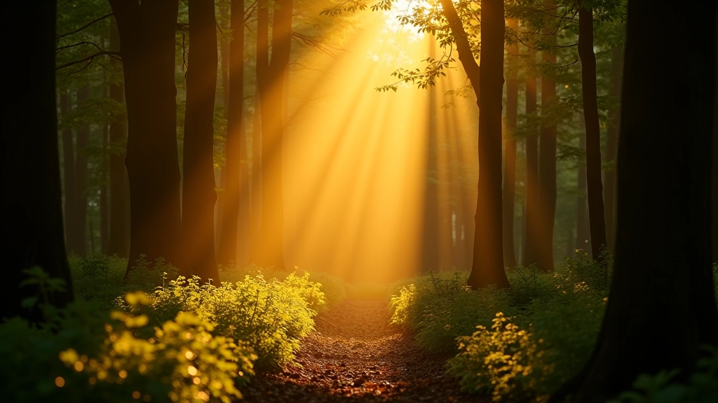 Sunlight breaking through dense forest canopy, creating golden rays and dappled light on the woodland floor below