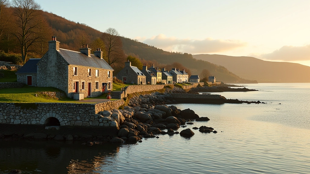 Colorful seaside village with traditional cottages overlooking Galway Bay and calm water