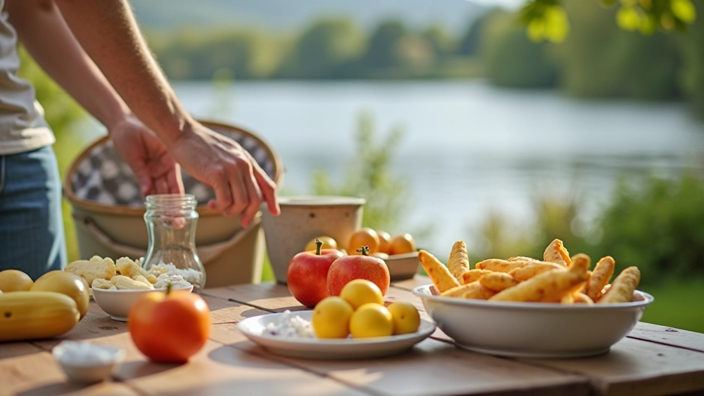 Person unpacking picnic basket with fresh food items and thermos at lakeside table