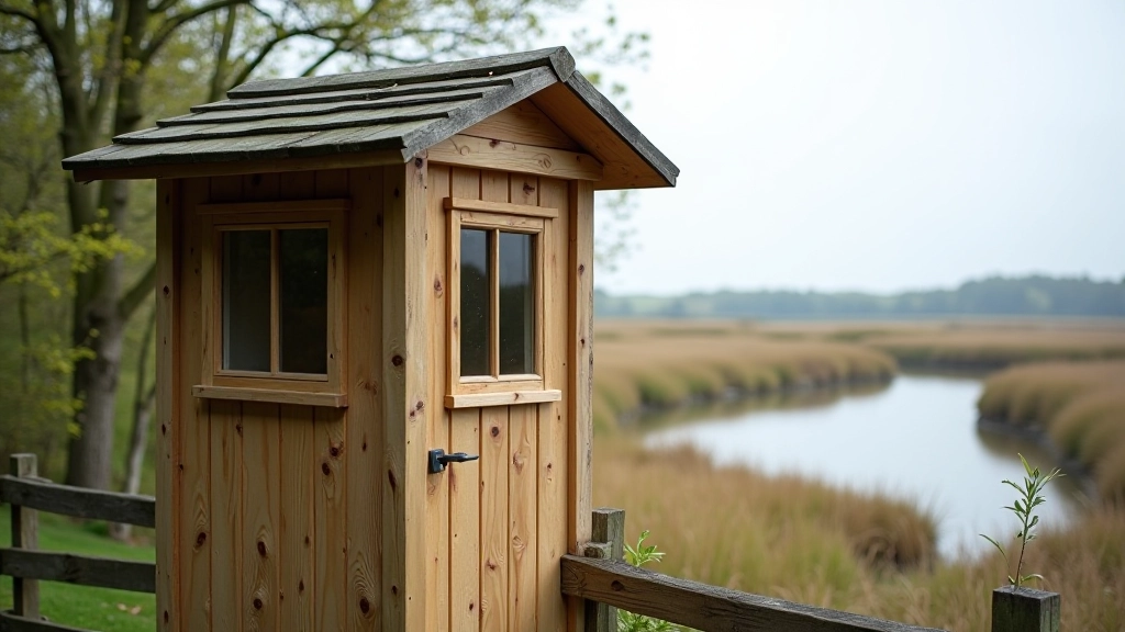 Wooden observation hide overlooking wetland lagoons with viewing windows and wooden benches inside