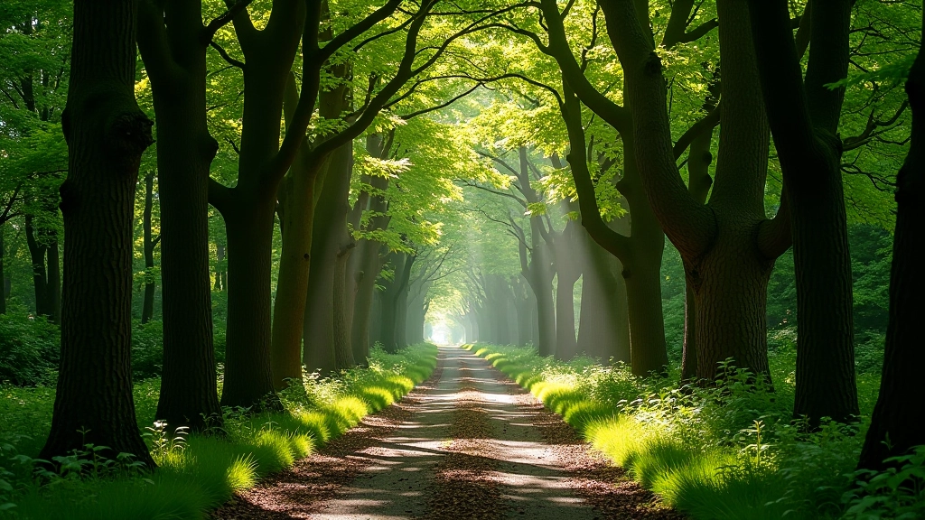 Forest path with dappled sunlight filtering through ancient trees creating peaceful woodland atmosphere